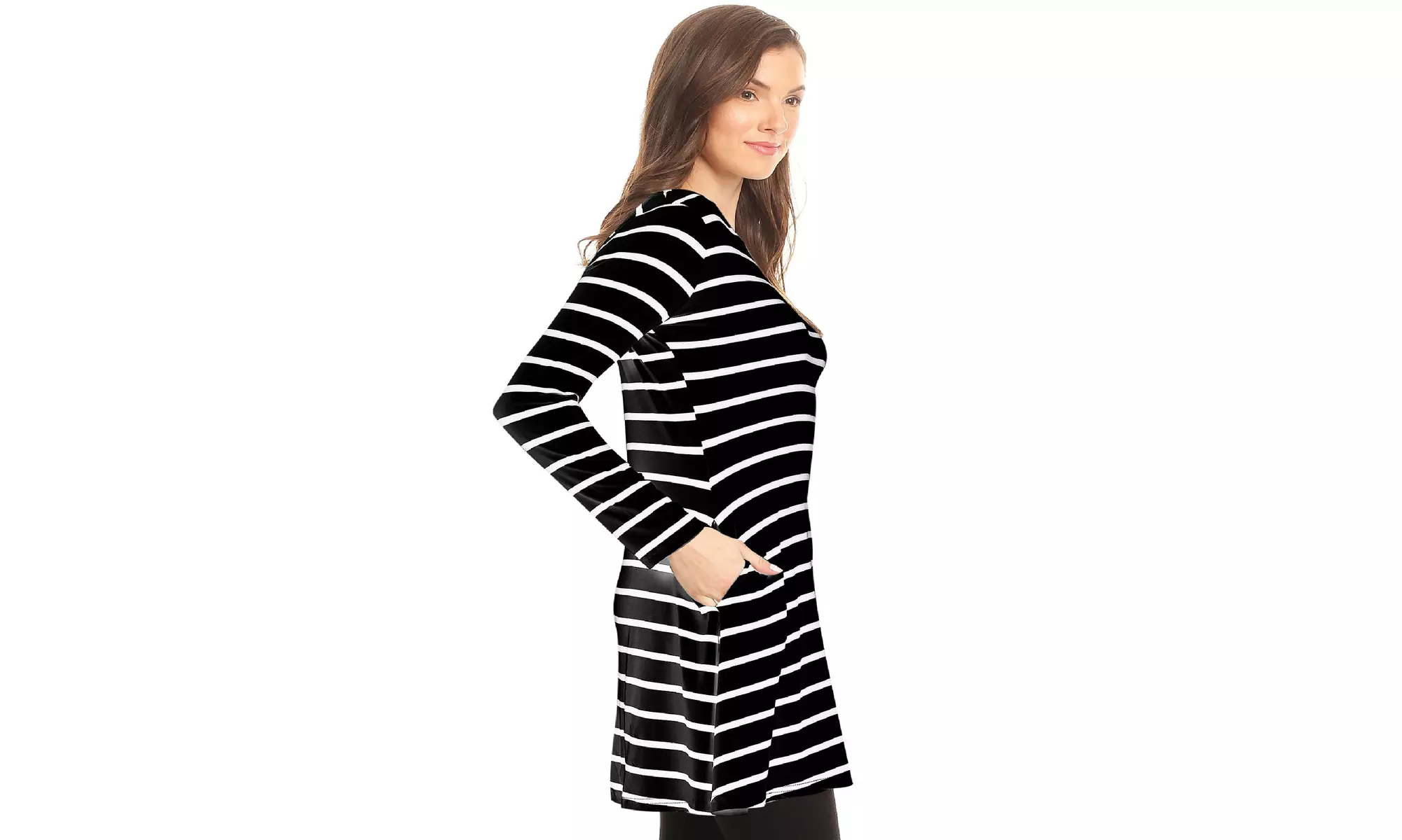 Striped A-Line Pockets Long Sleeves Relaxed Fit Dress Tee Top