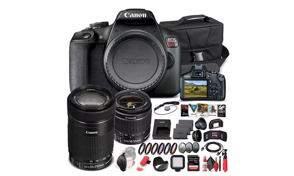 Canon EOS Rebel T7 Camera with 18-55mm and EF-S 55-250mm Lens  - Advanced Bundle - Primary Image