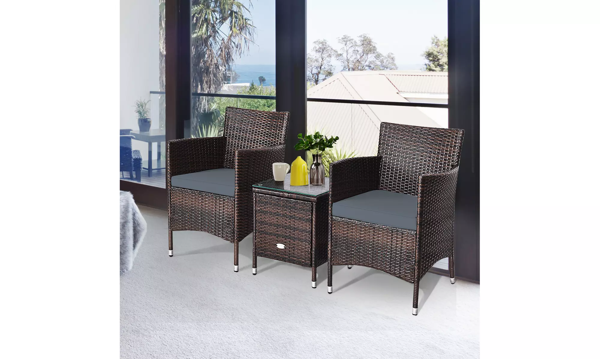 Costway Outdoor 3 PCS PE Rattan Wicker Furniture Sets Chairs Coffee Table Garden