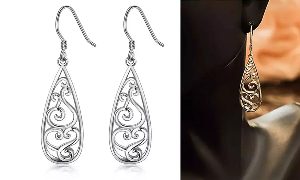 925 Sterling Silver Women Filigree Teardrop Earrings - Primary Image