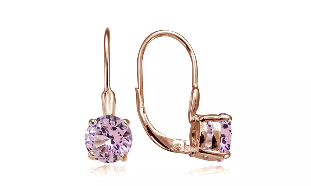 Rose Gold Tone over Silver Simulated Pink Tourmaline Round Leverback Earrings