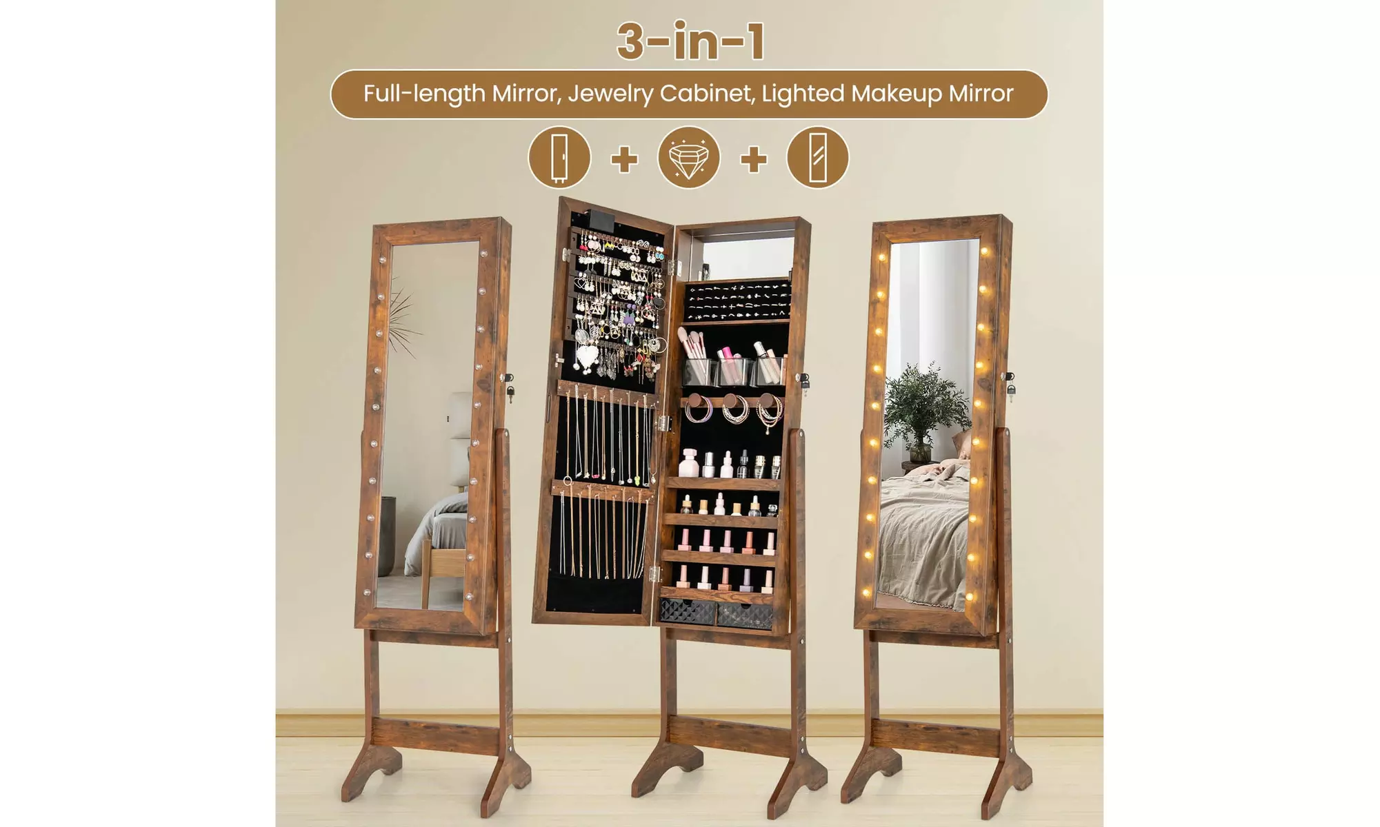 Costway Full-Length LED Mirror Jewelry Cabinet with 20 LED Lights