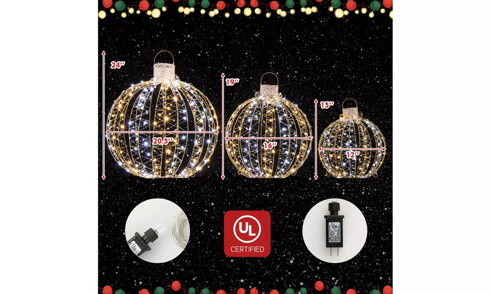 Costway Christmas LED Light Balls Outdoor Hanging Light Spheres 360 Lights