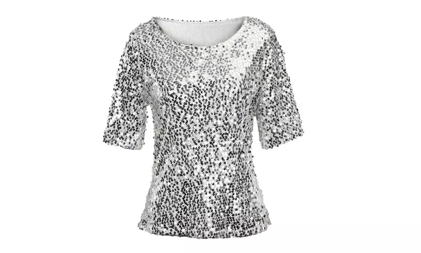 Women Sequin Lady Sparkle Glitter Blouse Short Sleeve Party Top Shirt ZW12 - Second Medium