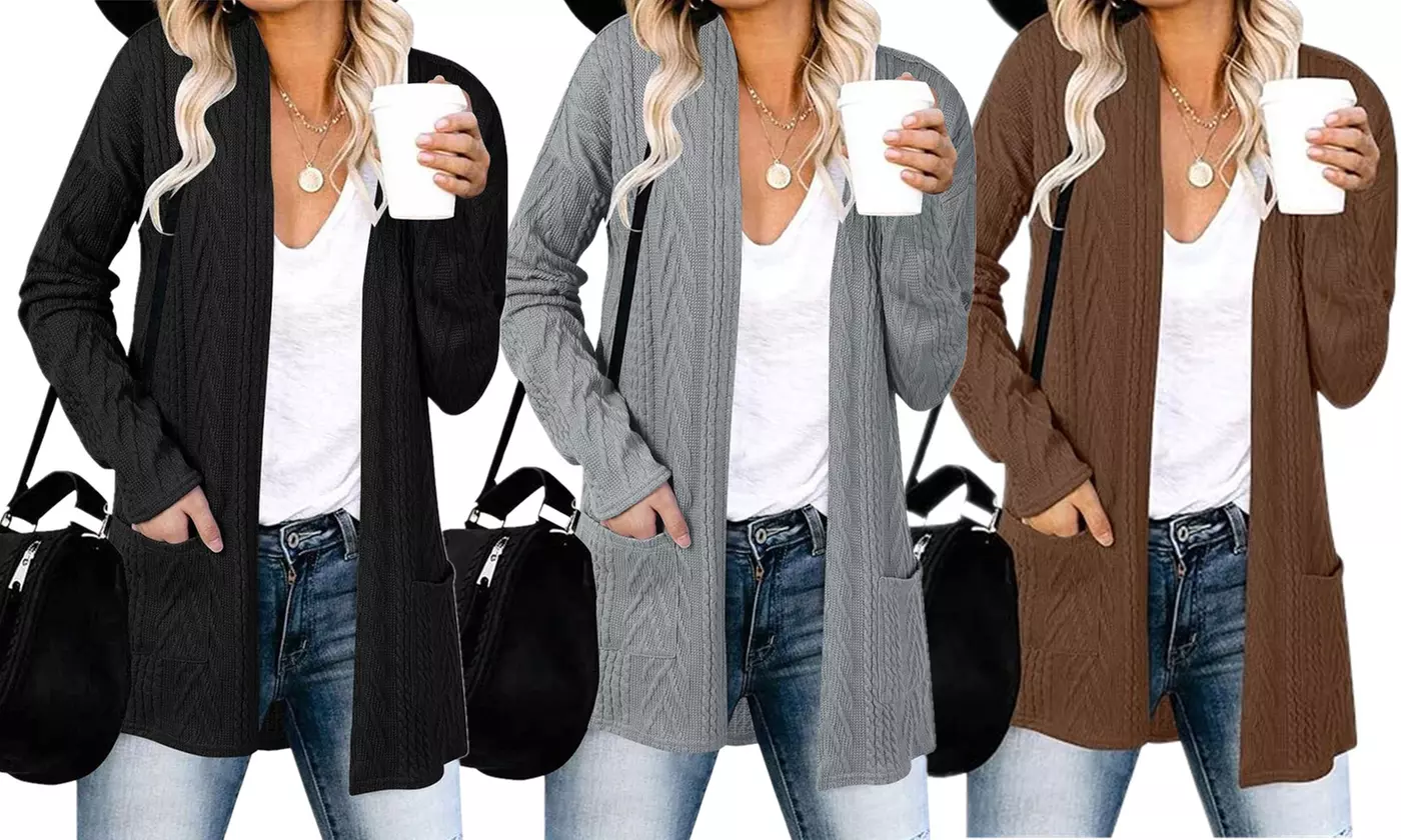 Women's Open Front Textured Cable Knit Cardigans with Pockets S-2XL - Primary Image