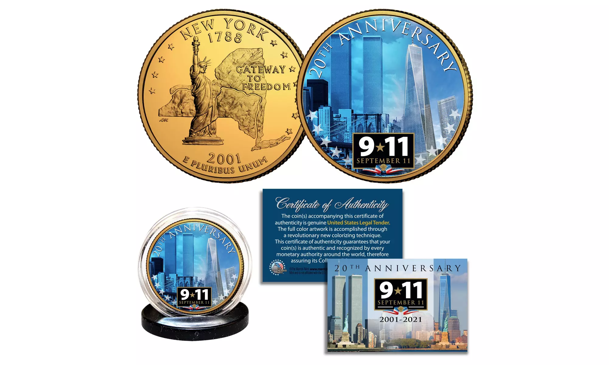 9-11 World Trade Center 20th Anniversary Official 24K Gold Clad NY Quarter Coin - Primary Image