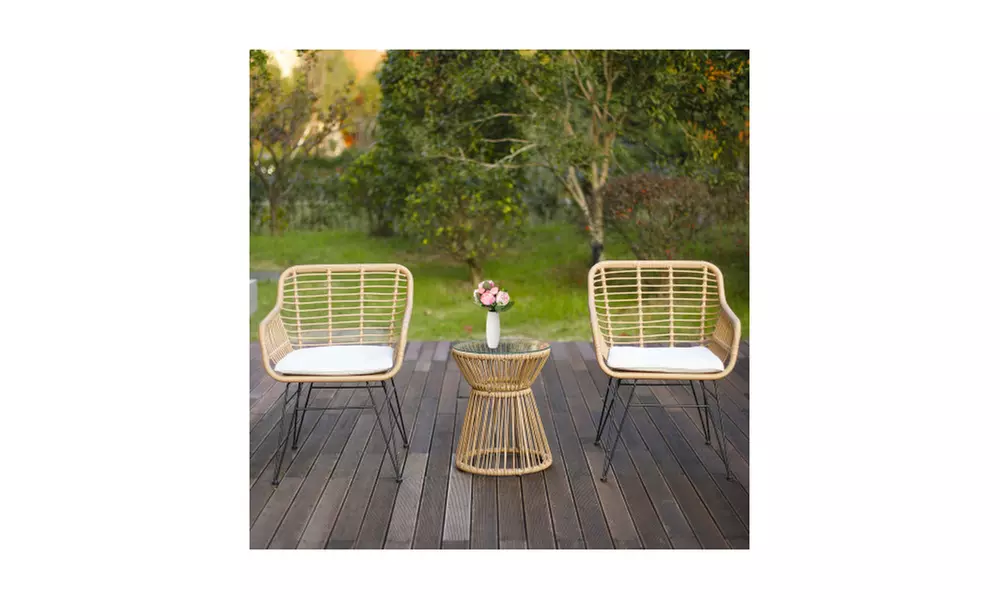 3 Piece Patio Set, Outdoor Wicker Chairs with Glass Top Table and Soft Cushion - Second Medium
