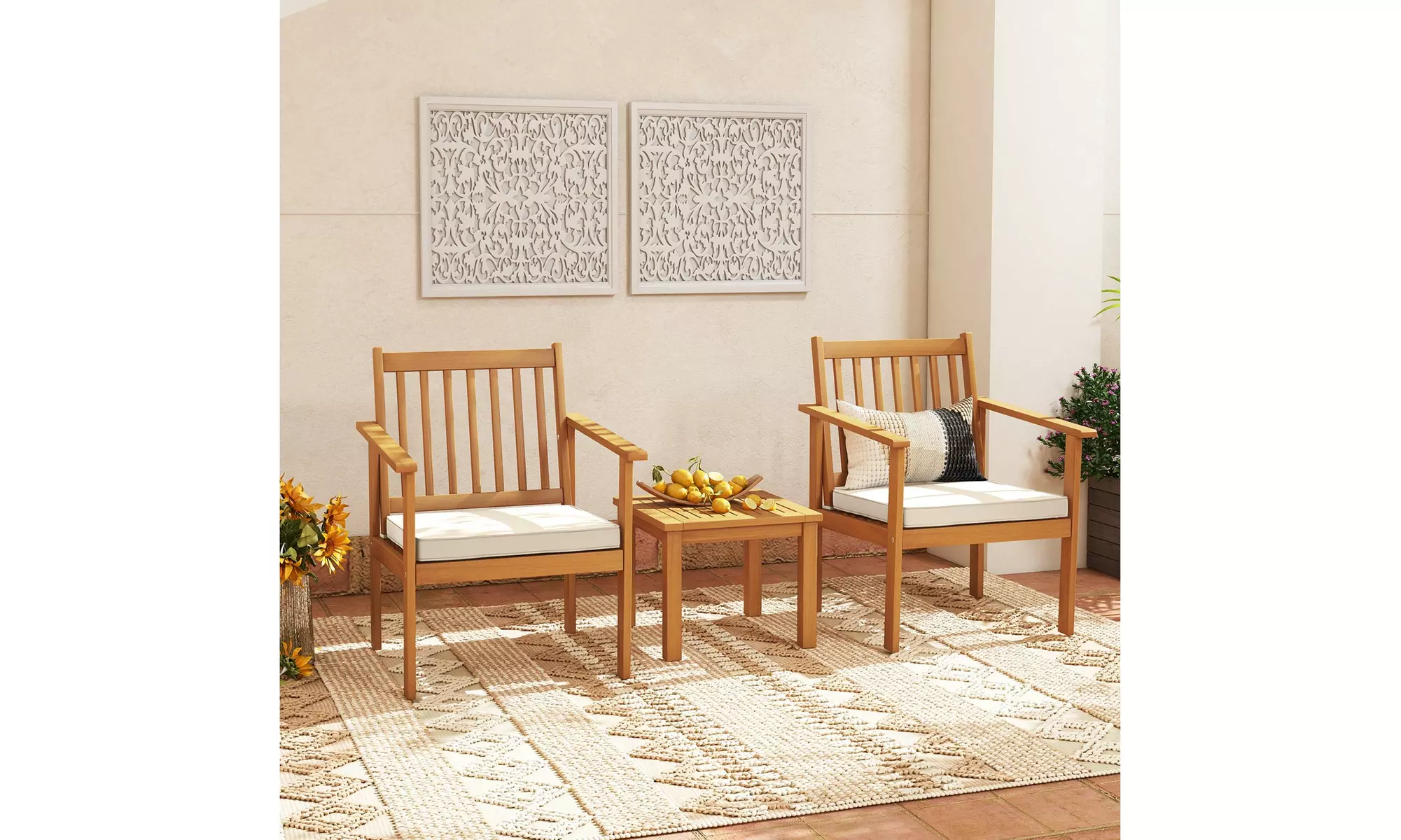 Costway 3 PCS Patio Wood Furniture Set Acacia Wood Chairs & Coffee Table
