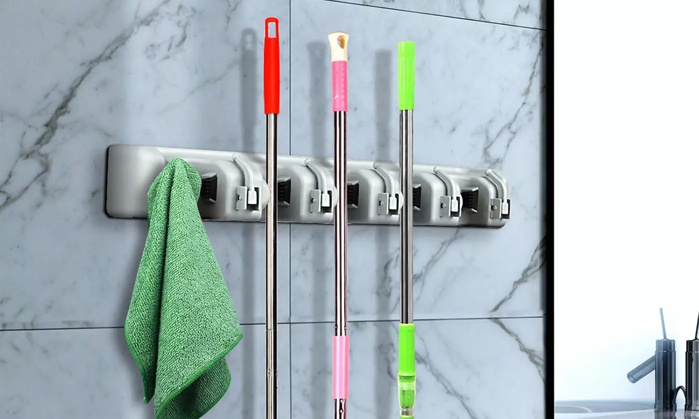 iMounTEK Wall Mount Mop Broom Holder with 5 Slots and 6 Utility Hooks - Primary Image