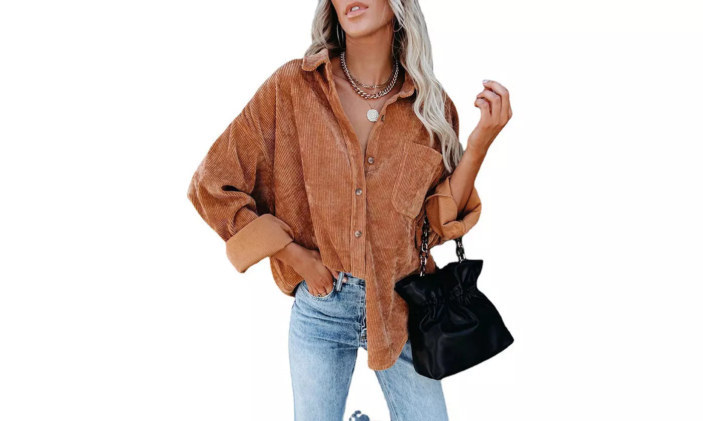 Women Loose Casual Corduroy Button Down Shirts Long Sleeve Blouses Tops