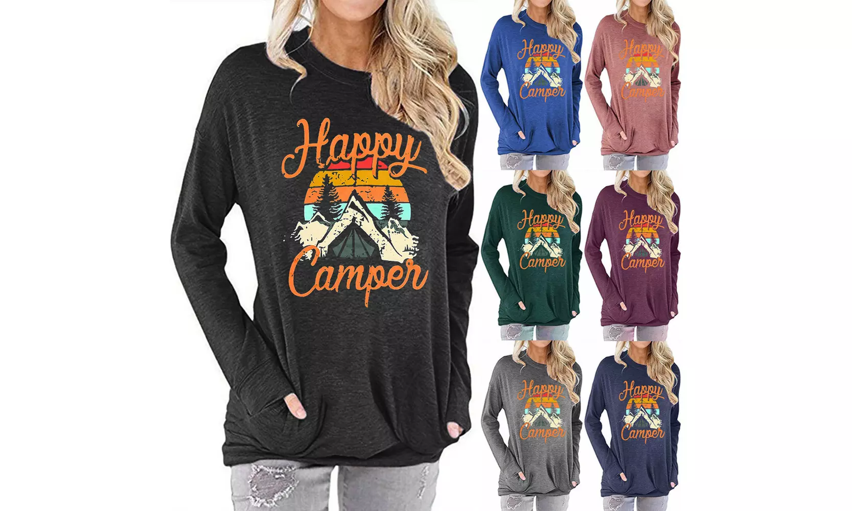 Women's Pocket Sweatshirts Happy Camper Printed Round Neck Long-Sleeved T-shirts - Primary Image