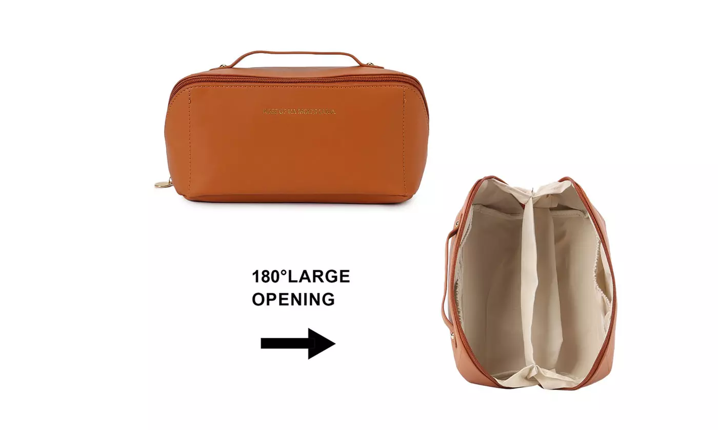 PU Leather Travel Wide-Open Toiletry Bag Makeup Large Capacity Organizer