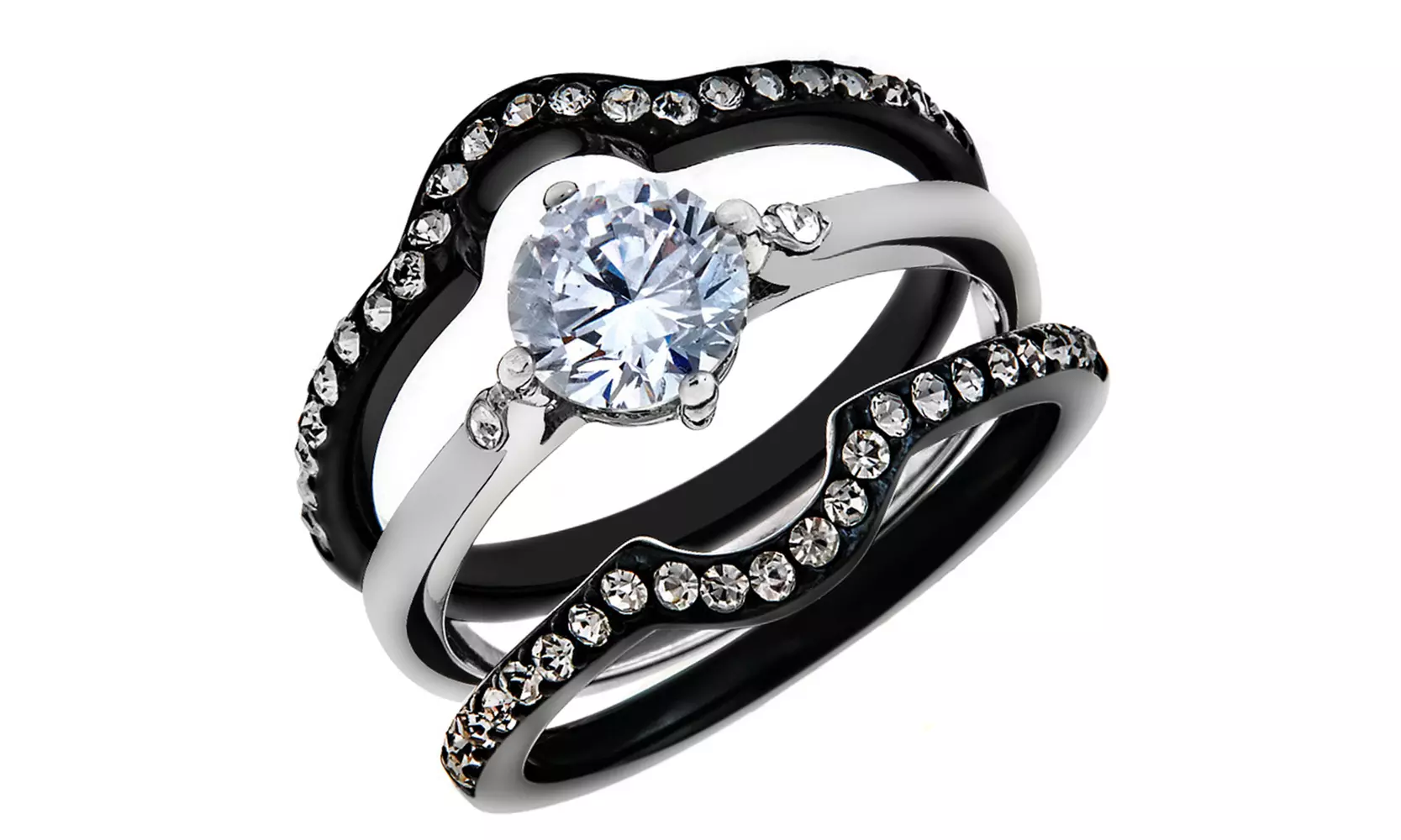 Women's 1.90 Ct Round Cut Cz Black Stainless Steel Wedding Ring Set