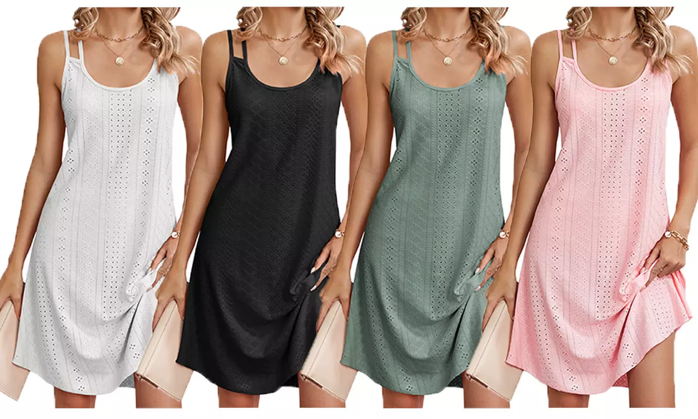 Women's Summer Scoop Neck Double Strap Tank Swing Midi Dress