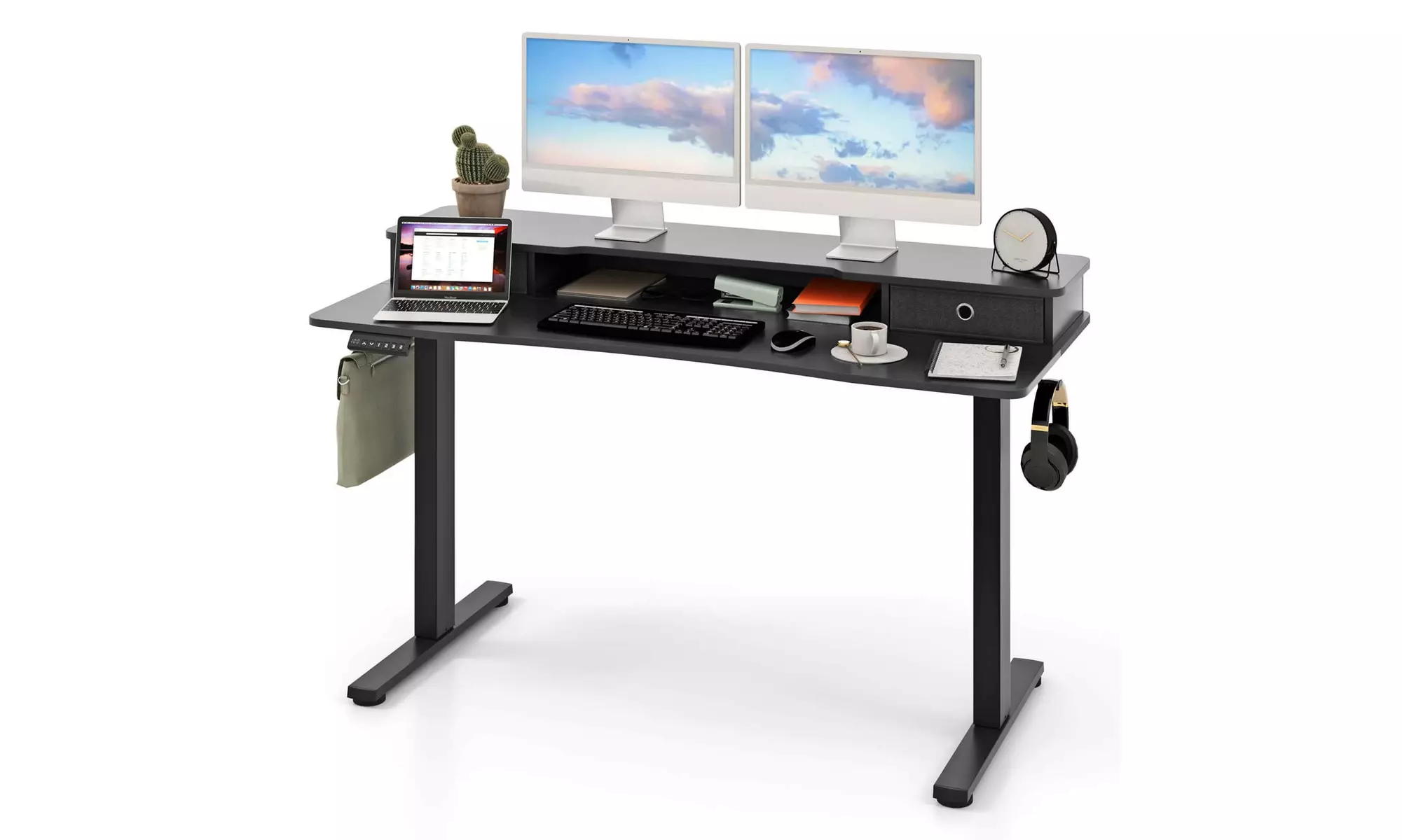 Costway Electric Standing Desk with 2 Drawers Monitor Stand Storage Shelf