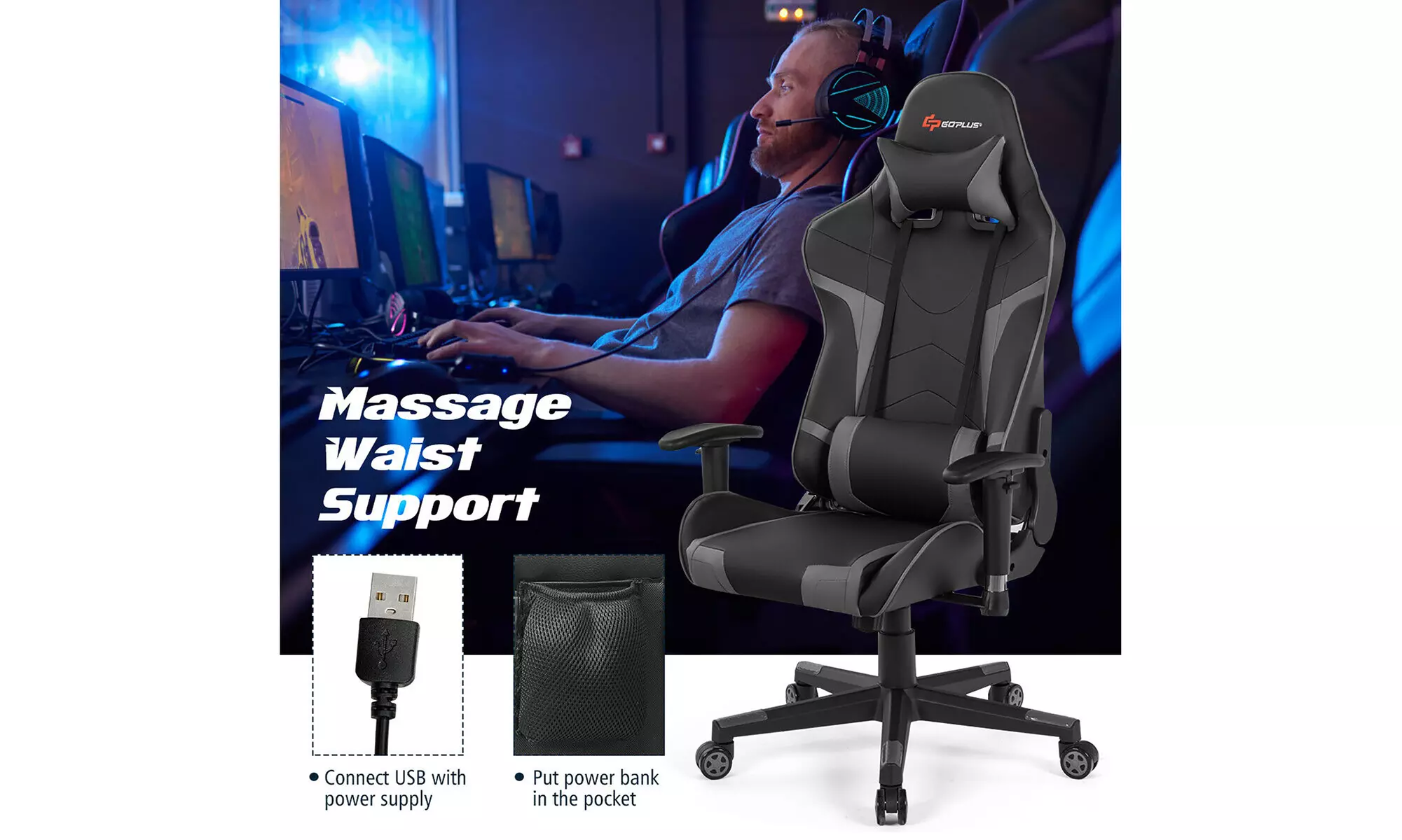 Reclining Massage Gaming Chair with Lumbar Support and Headrest