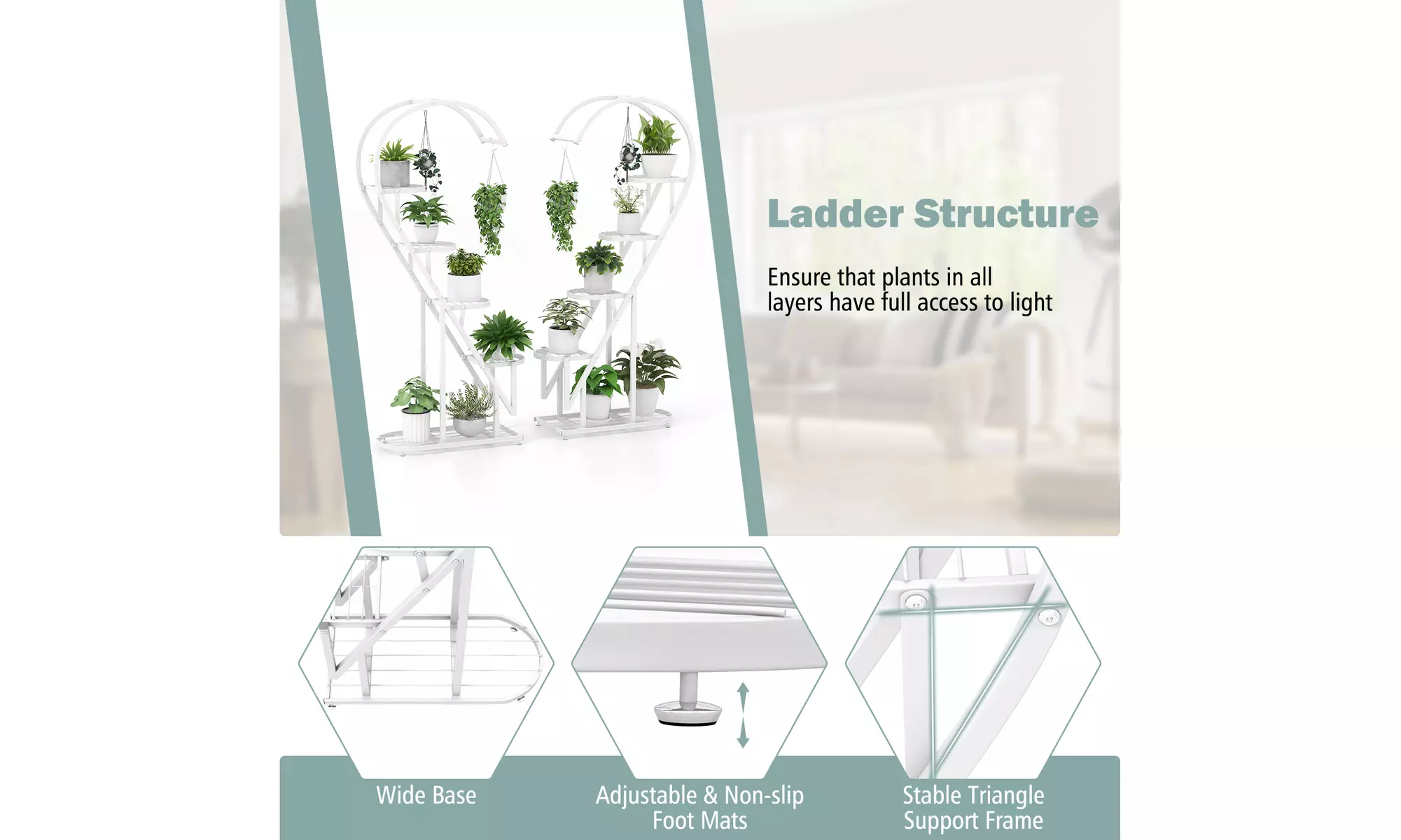 5 Tier Metal Plant Stand Heart-shaped Shelf w/ Hanging Hook for Multiple Plants