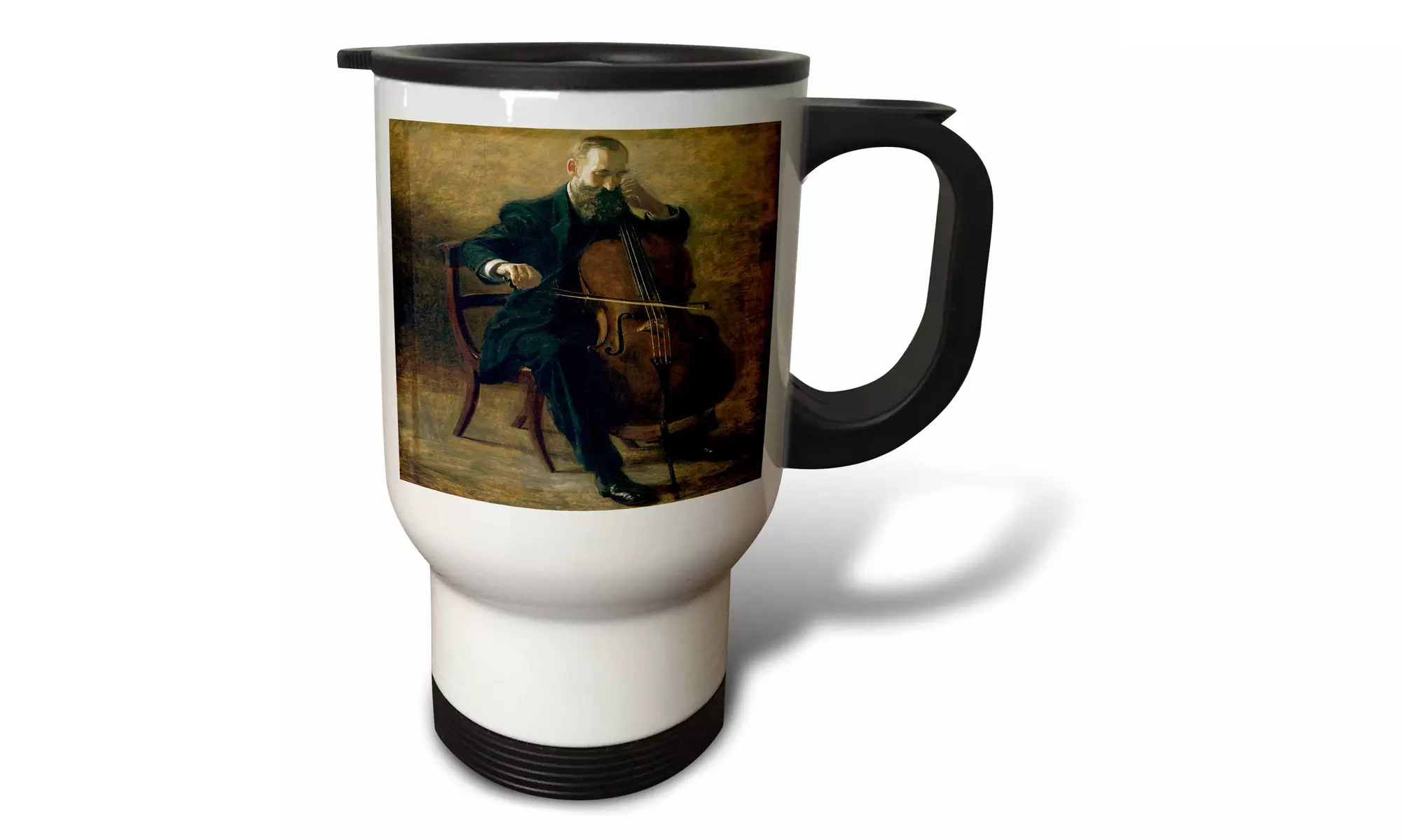 Travel Mug The Cello Player by Thomas Eakins Man Sitting Playing a Cello - 14o - Primary Image
