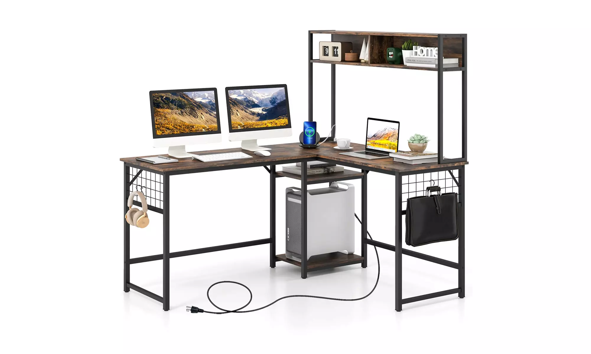 L-shaped Desk with Power Outlet Large Corner Desk Converts to 2-Person Long Desk