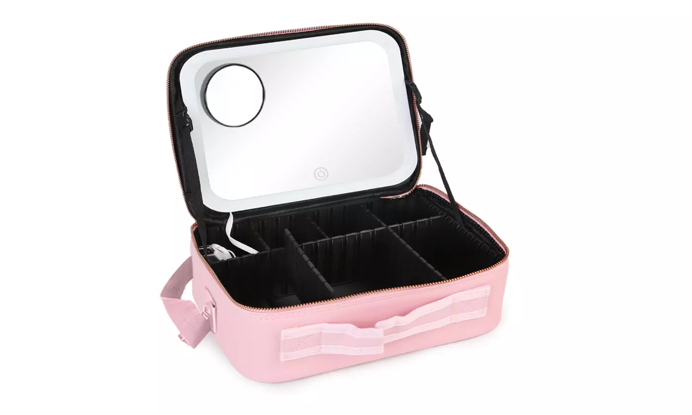 N'POLAR Travel Makeup Bag with Adjustable Dividers, LED Mirror and Brush Holder