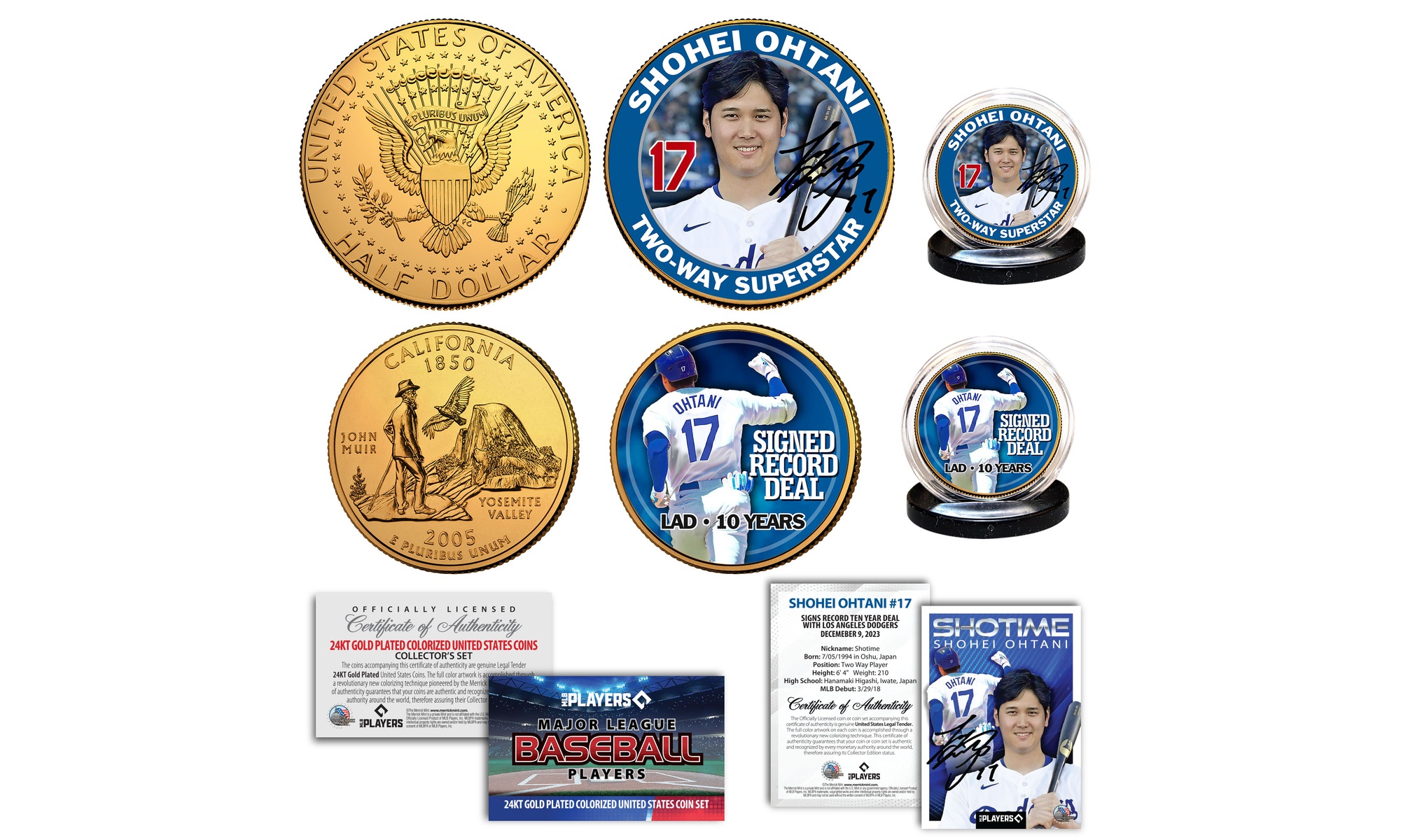 Shohei Ohtani 1st Ever LA Dodgers Licensed 24K Clad JFK-Qtr 2-COIN SET w/Card 