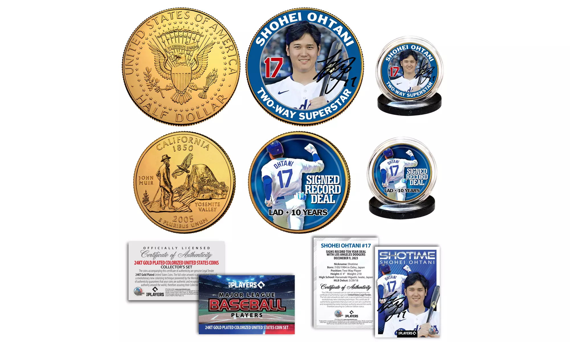 Shohei Ohtani 1st Ever LA Dodgers Licensed 24K Clad JFK-Qtr 2-COIN SET w/Card 