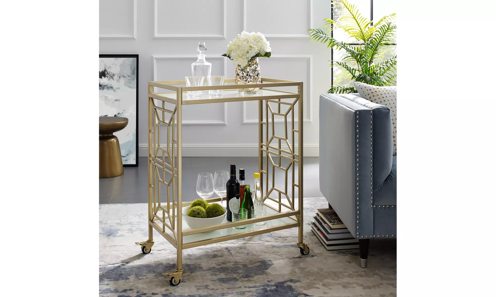 Johnson Serving Bar Cart with 2 Tempered Glass Shelves & 2 Locking Casters - Primary Image
