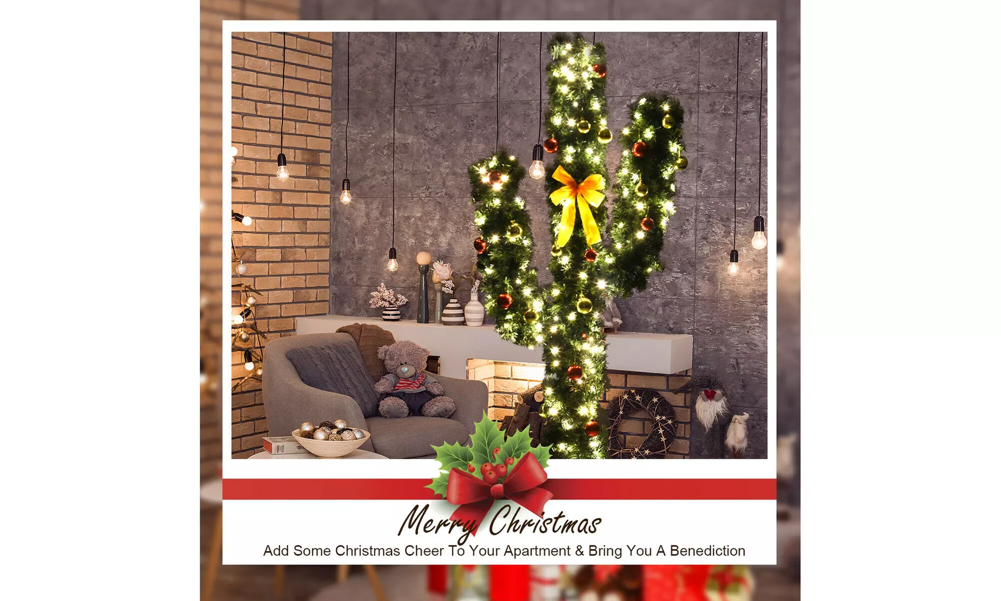 Costway 7Ft Pre-Lit Cactus Artificial Christmas Tree w/LED Lights and Ball 