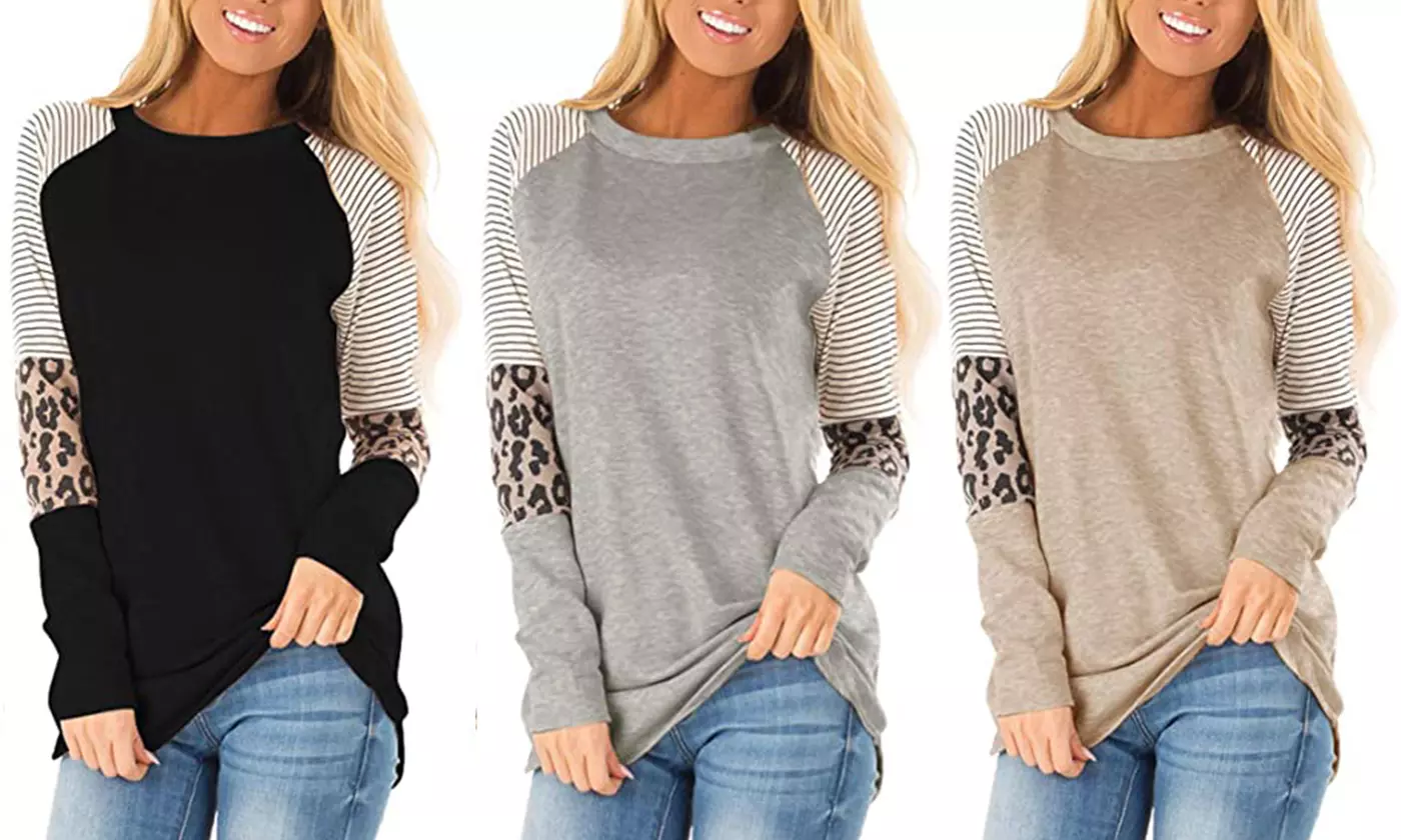 Women's Long Sleeve Leopard Color Block Tunic Stripe Round Neck T Shirt Tops - Primary Image