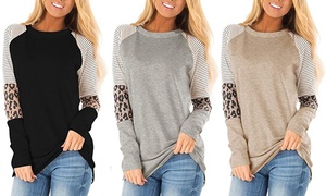 Women's Long Sleeve Leopard Color Block Tunic Stripe Round Neck T Shirt Tops