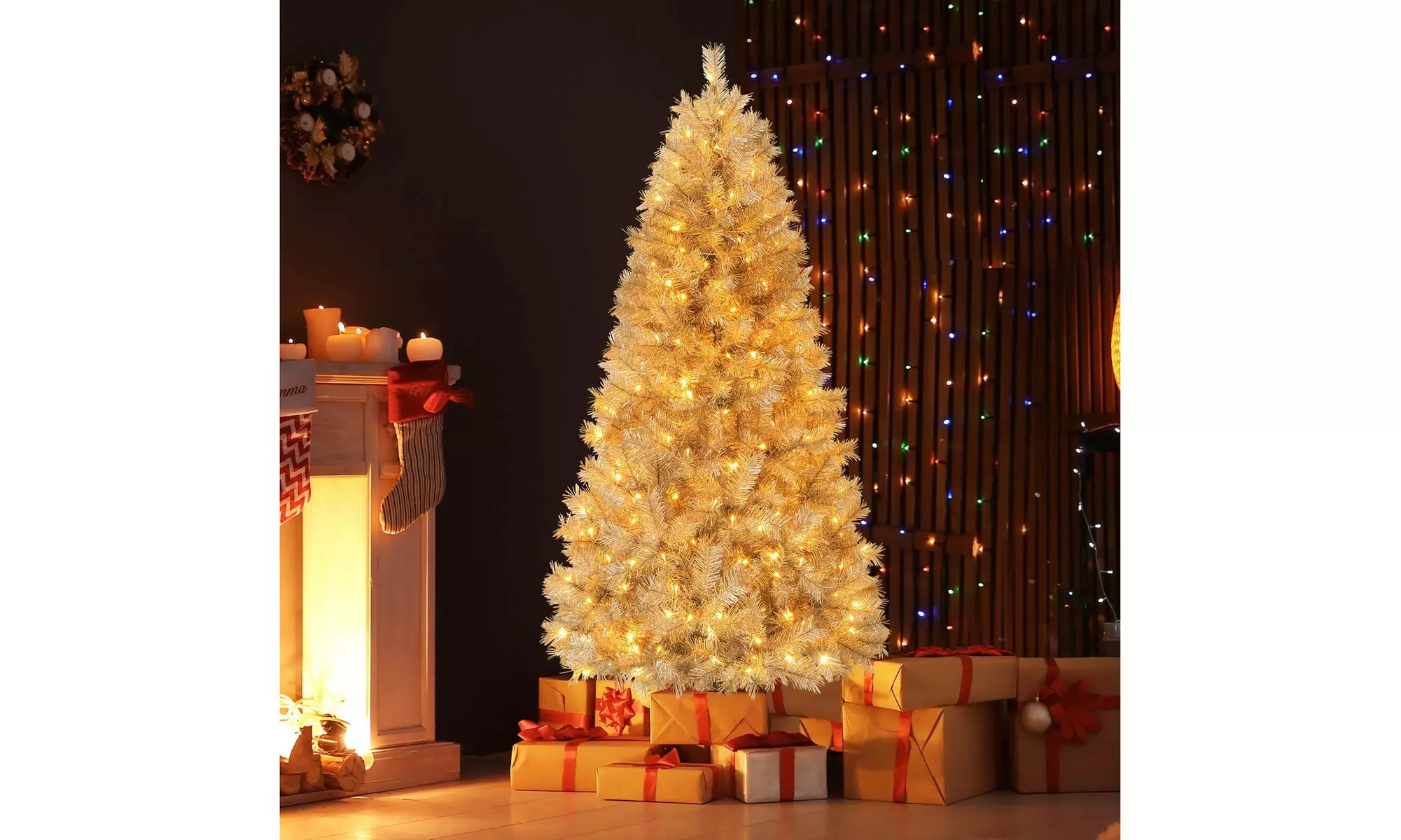 Costway 5/6/7 FT Christmas Tree Artificial Xmas Tree with Branch Tips LED Lights
