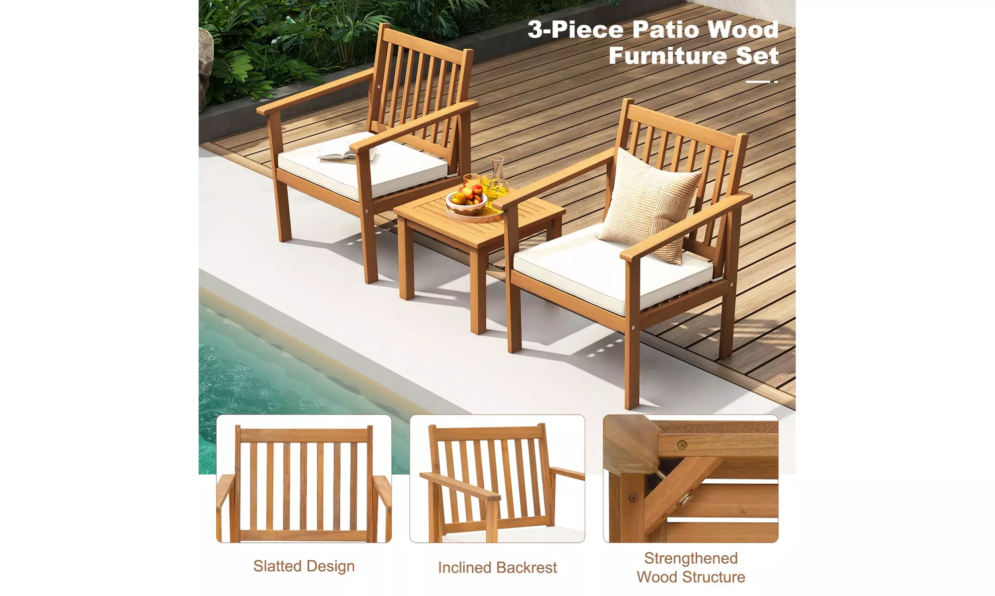 Costway 3 PCS Patio Wood Furniture Set Acacia Wood Chairs & Coffee Table