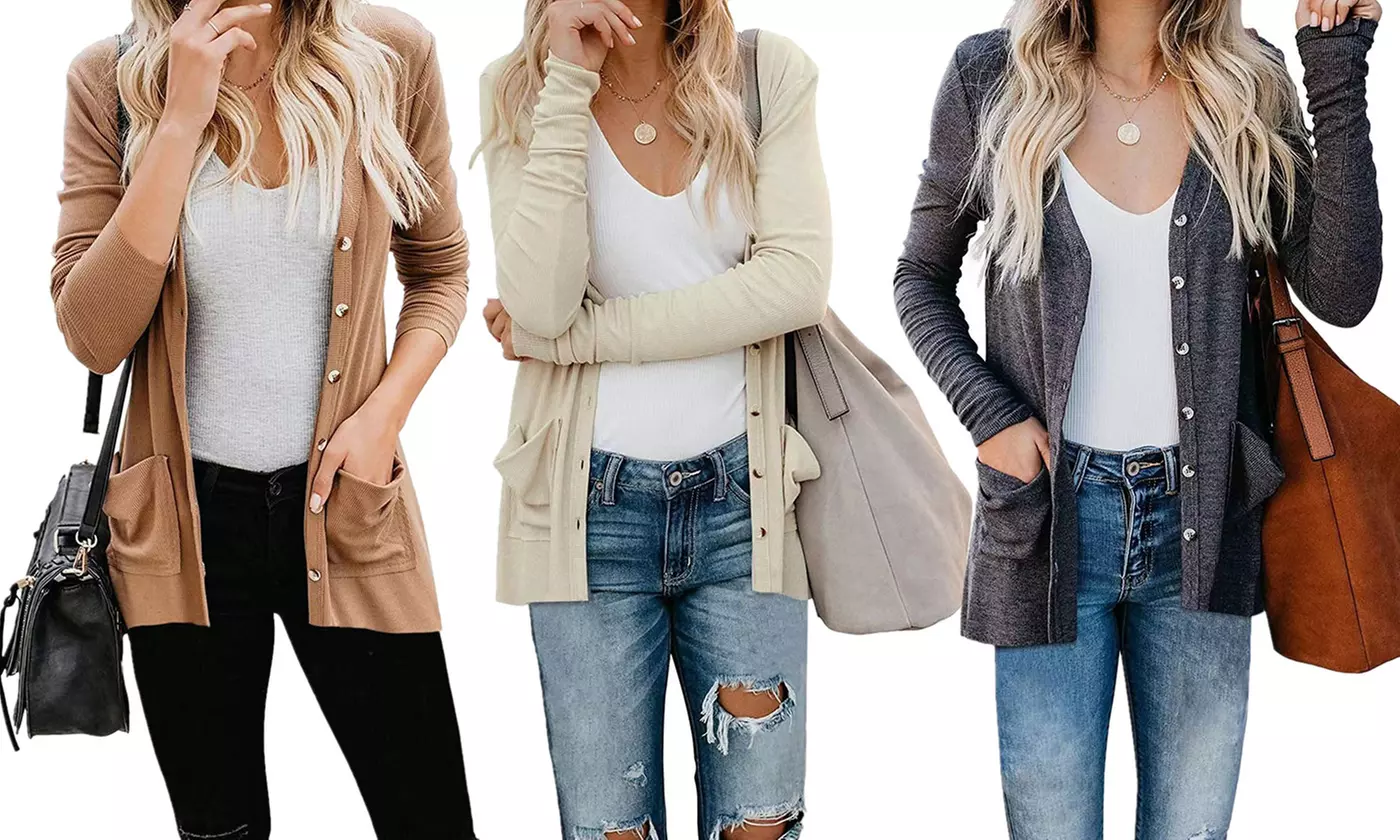 Women's Button Down Lightweight Knit Cardigan Sweater with Pockets - Primary Image