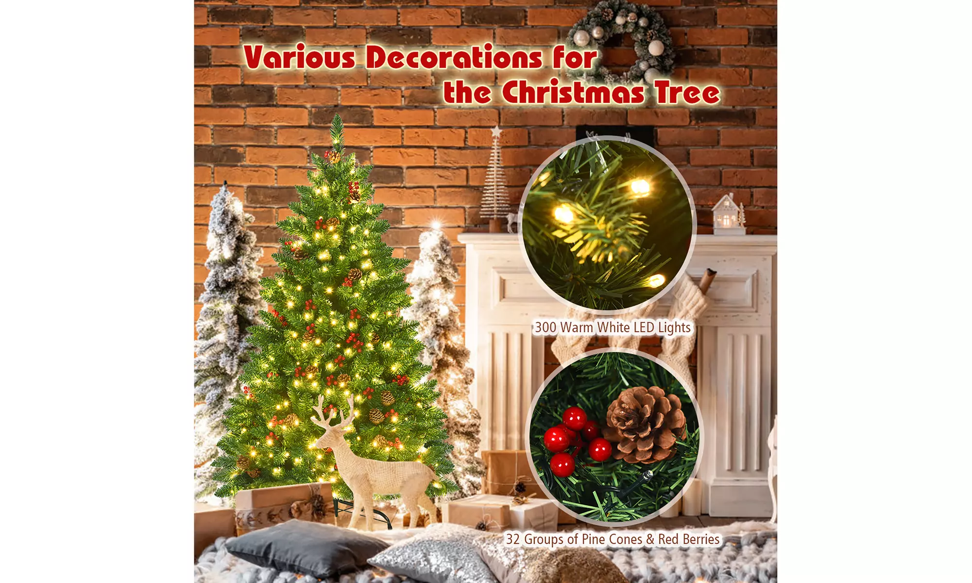 Costway 4.5Ft Pre-lit Hinged Christmas Tree w/ Pine Cones Red Berries