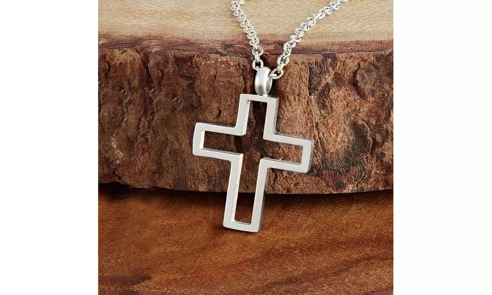 Polished Open Cross Stainless Steel Pendant Necklace