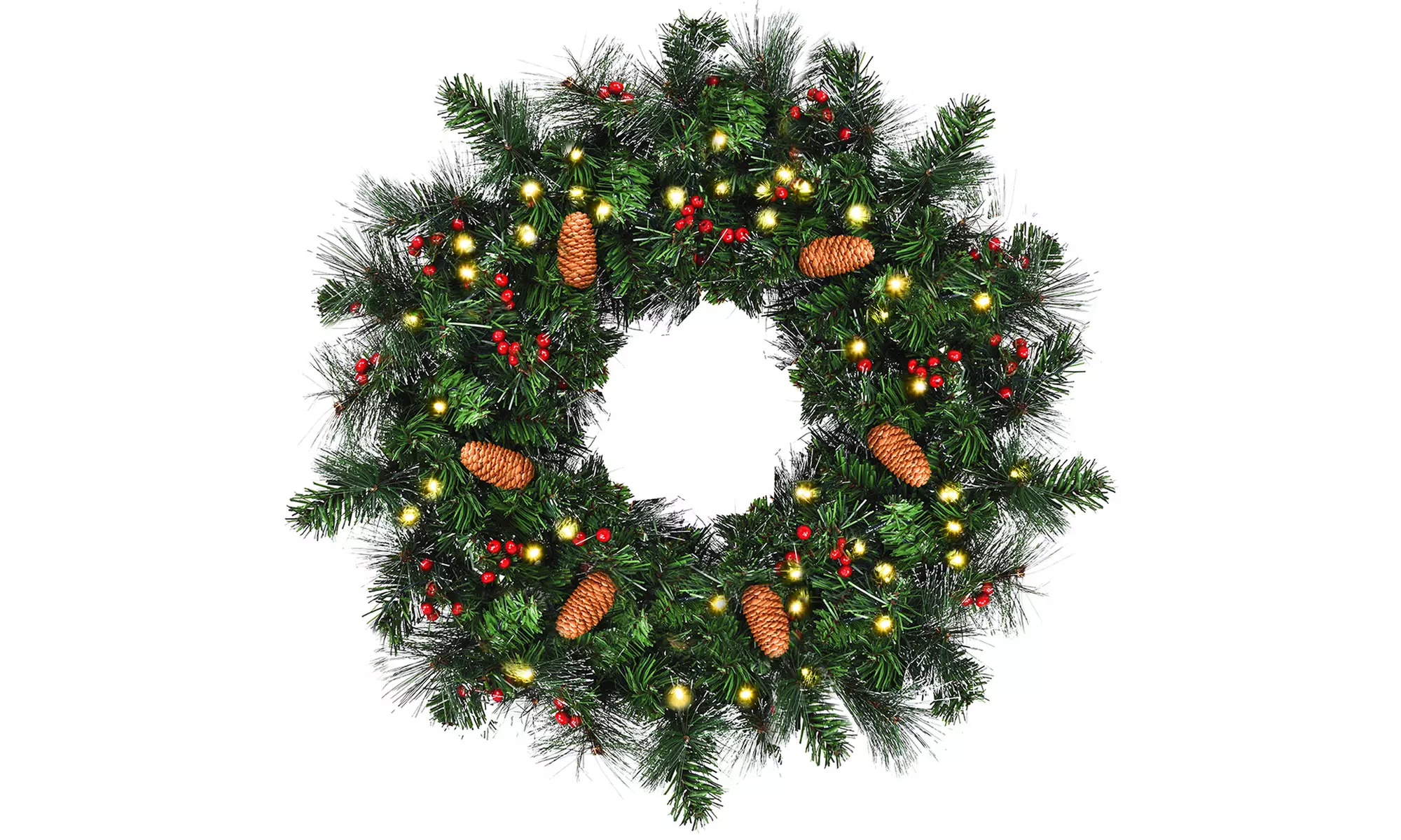 Costway 24" Pre-Lit Artificial Spruce Christmas Wreath Pinecone Red Berries - Primary Image