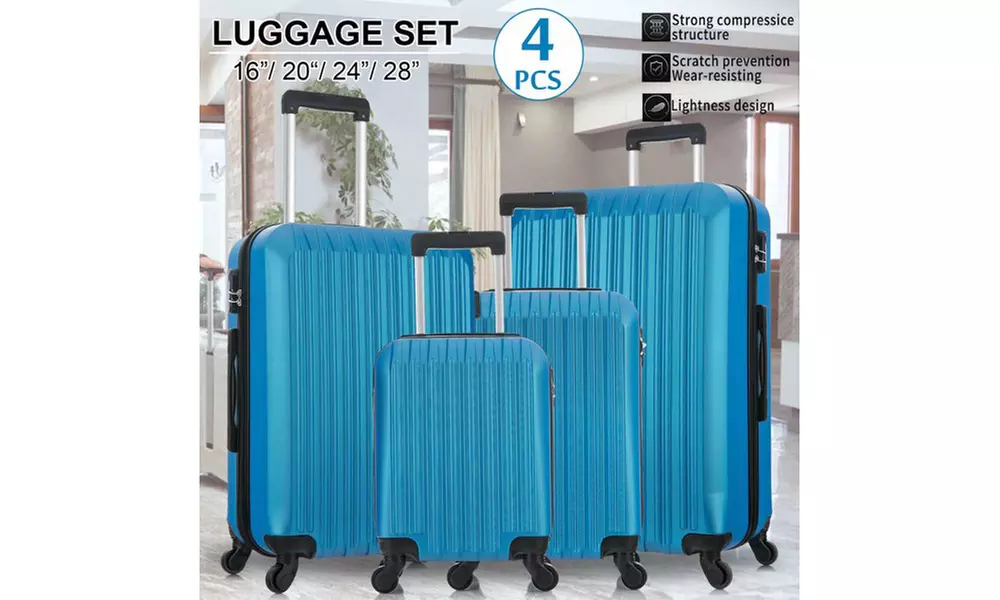 4 Piece Set Luggage Sets Suitcase ABS Hardshell Lightweight Spinner Wheels Blue