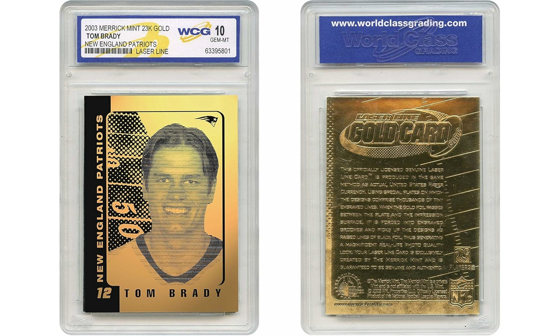23K Gold Tom Brady 2003 Laser Line Patriots Gold Card Graded Gem Mint 10