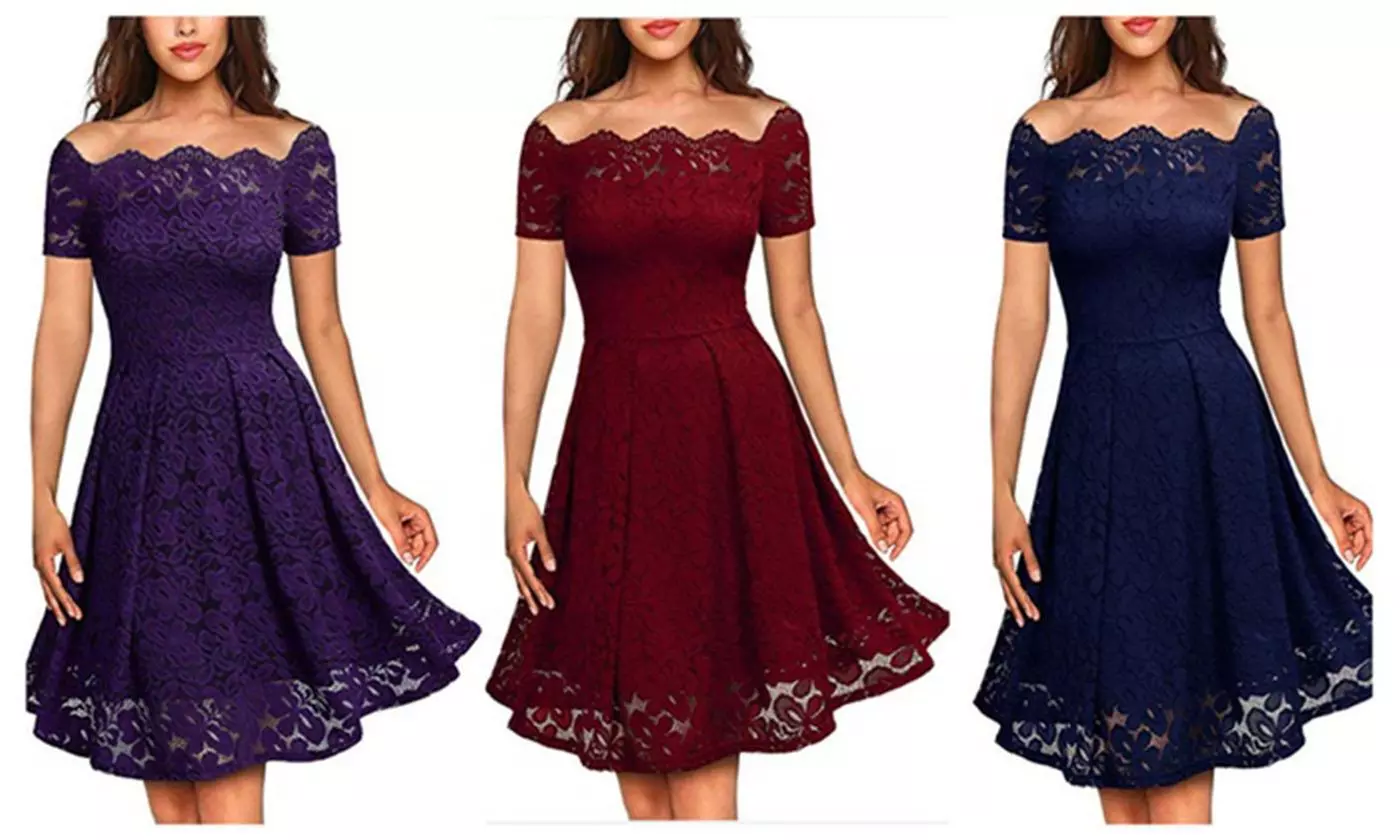 Women's Boat Neck Vintage Floral Lace Cocktail Formal Swing General Dress - Primary Image