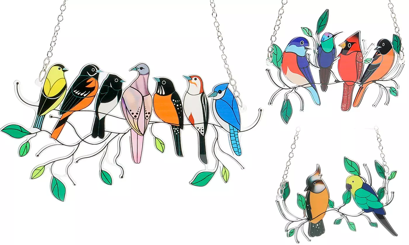 Multicolor Birds On A Wire High Stained Glass Suncatcher Window Panel Home Decor - Primary Image