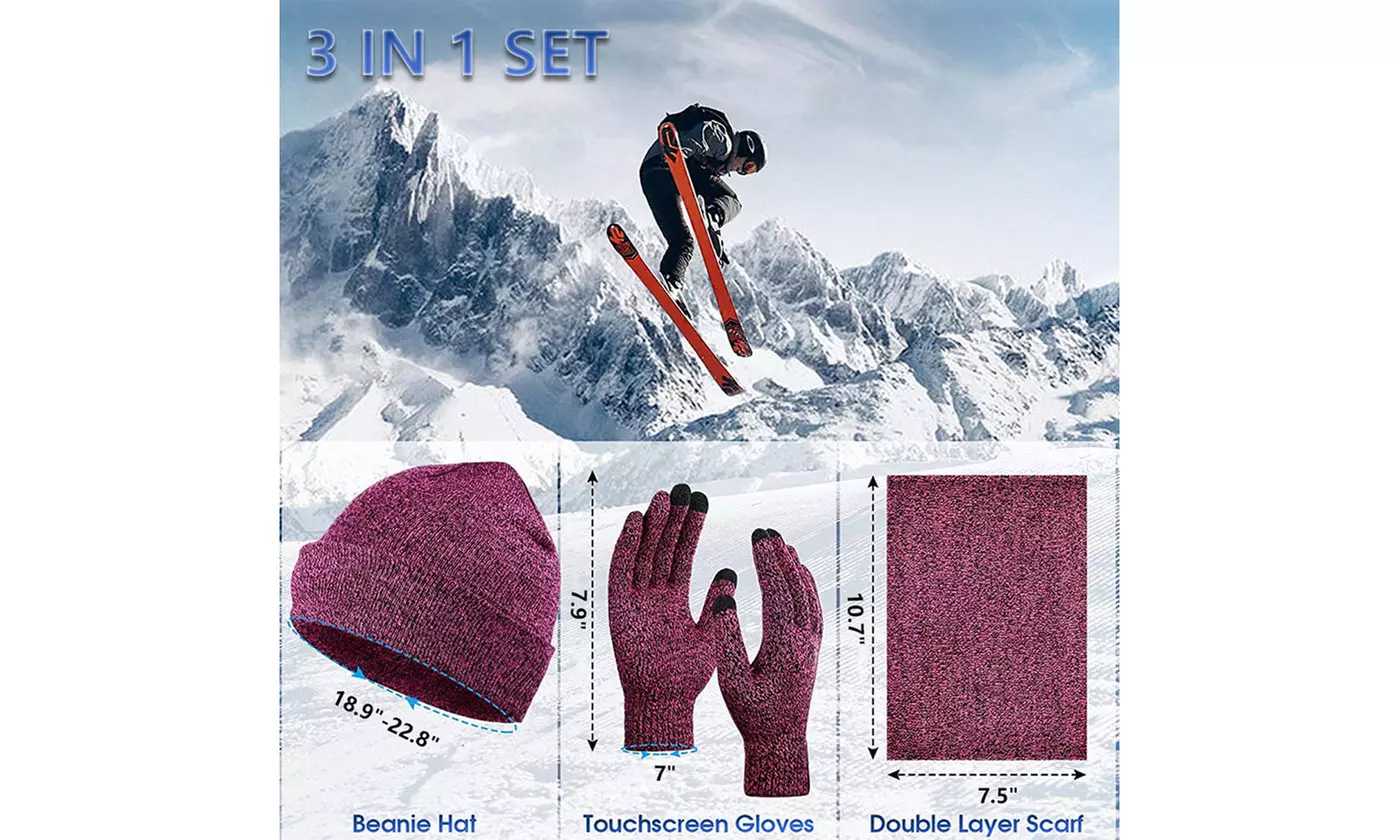 Winter Warm Knit Fleece Lined Beanie Hat Scarf Touchscreen Gloves Set