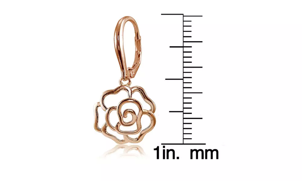 Rose Gold Flashed 925 Silver High Polished Open Rose Dangle Leverback Earrings
