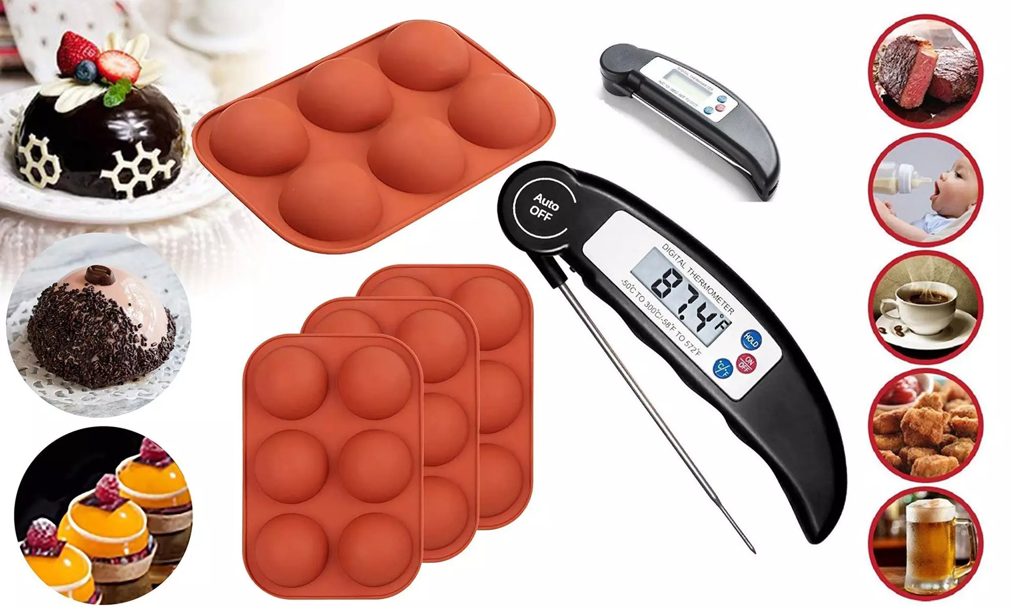 Medium Semi Sphere Silicone Chocolate Mold & Probe Digital Kitchen Thermometer  - Primary Image