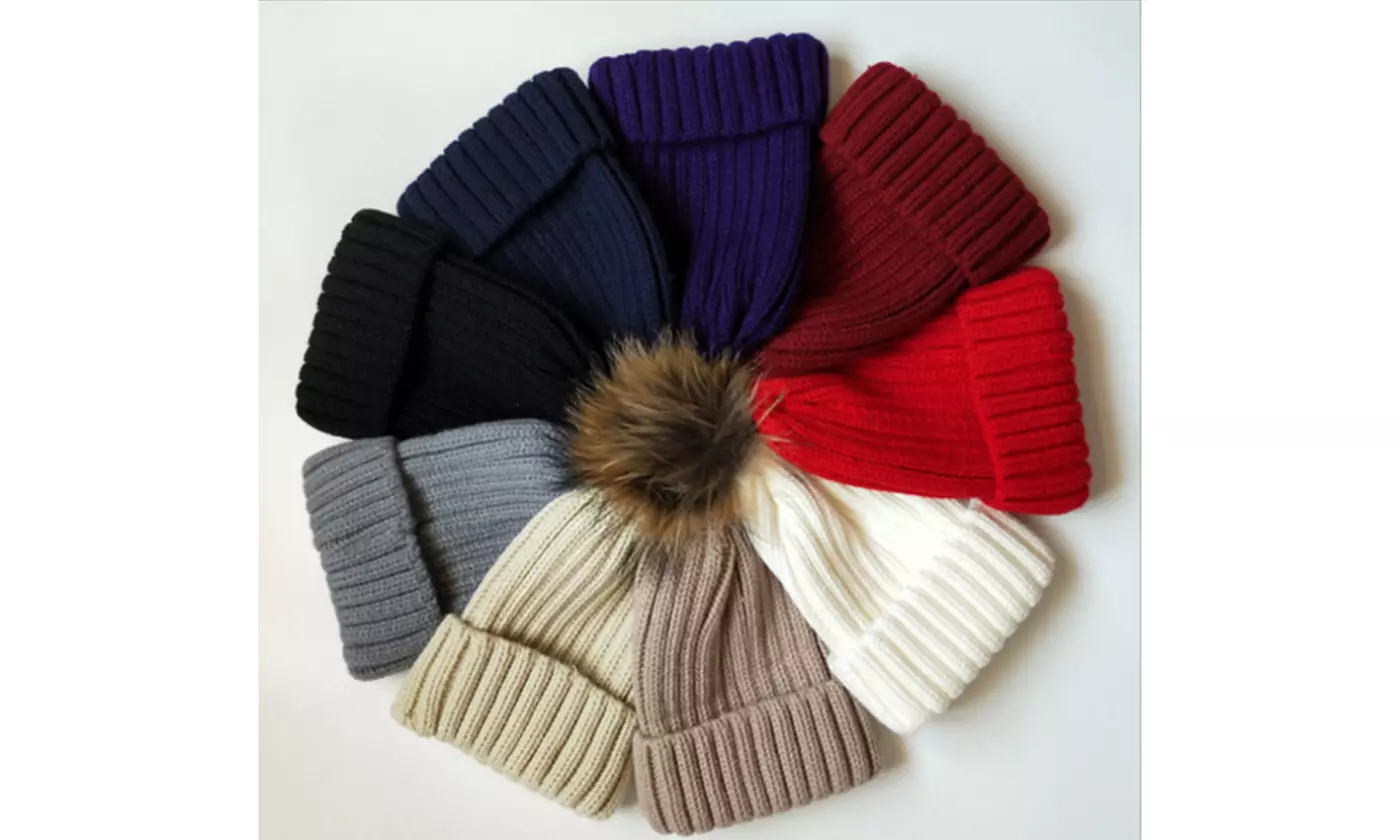 Warm Winter Kids Knitted Skull Cap Faux Fur Pom Beanie