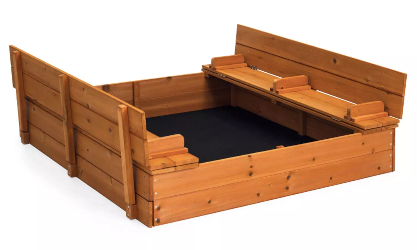 Kids Wood Sandbox 47x47in w/ Sand Screen, 2 Benches Play Fun Unique - Primary Image