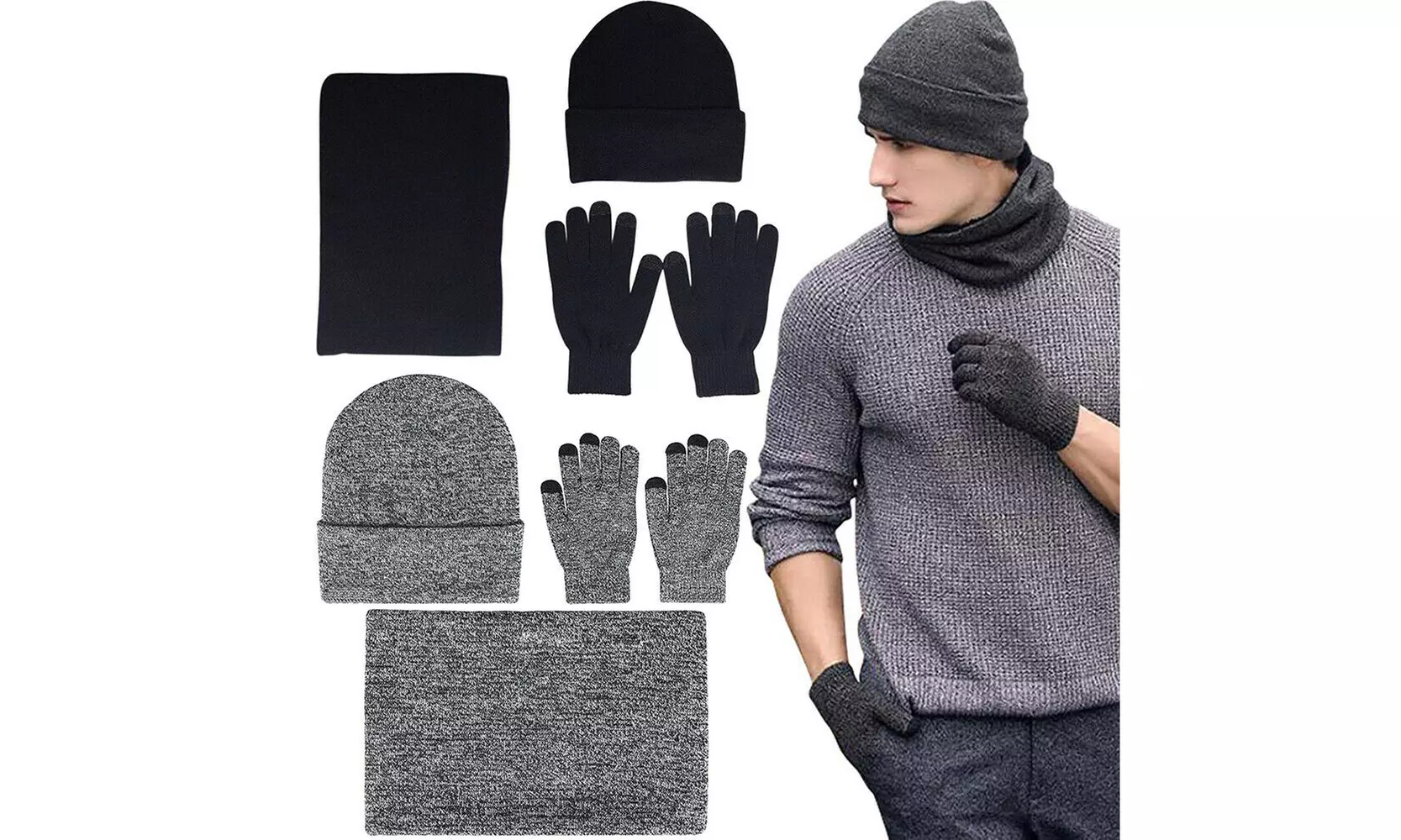 Winter 3 Piece Set Knit Beanie Hat Scarf Touchscreen Gloves for Men Women