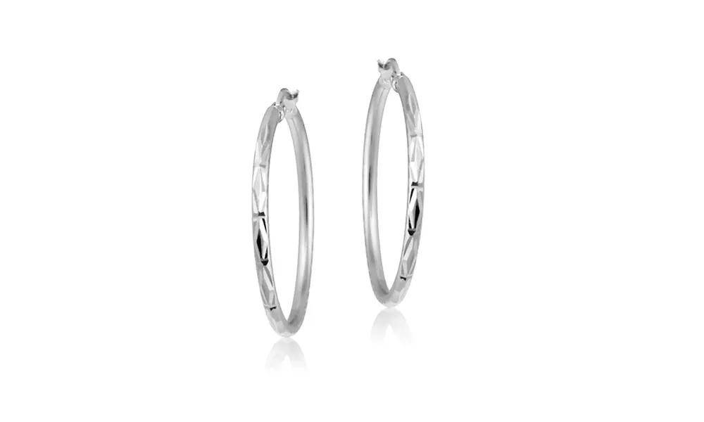 Sterling Silver 2mm Diamond Cut High Polished Round Hoop Earrings, 30mm