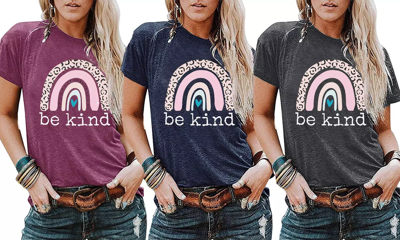 Women's Be Kind Shirt Leopard Rainbow Print Graphic Tees Tops - Primary Image