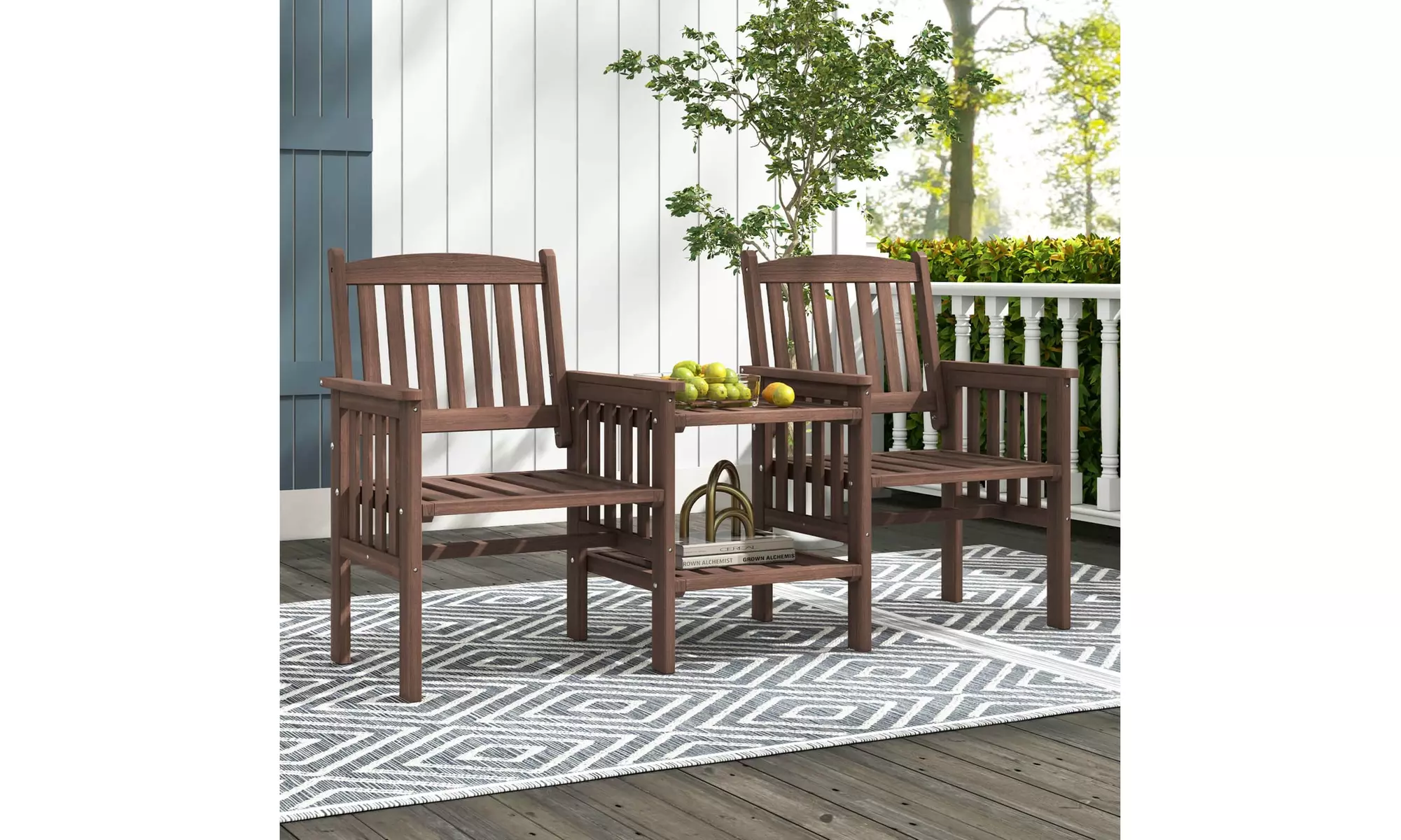 Costway Outdoor Fir Wood Loveseat with 2-Tier Side Table and 1.96" Umbrella Hole