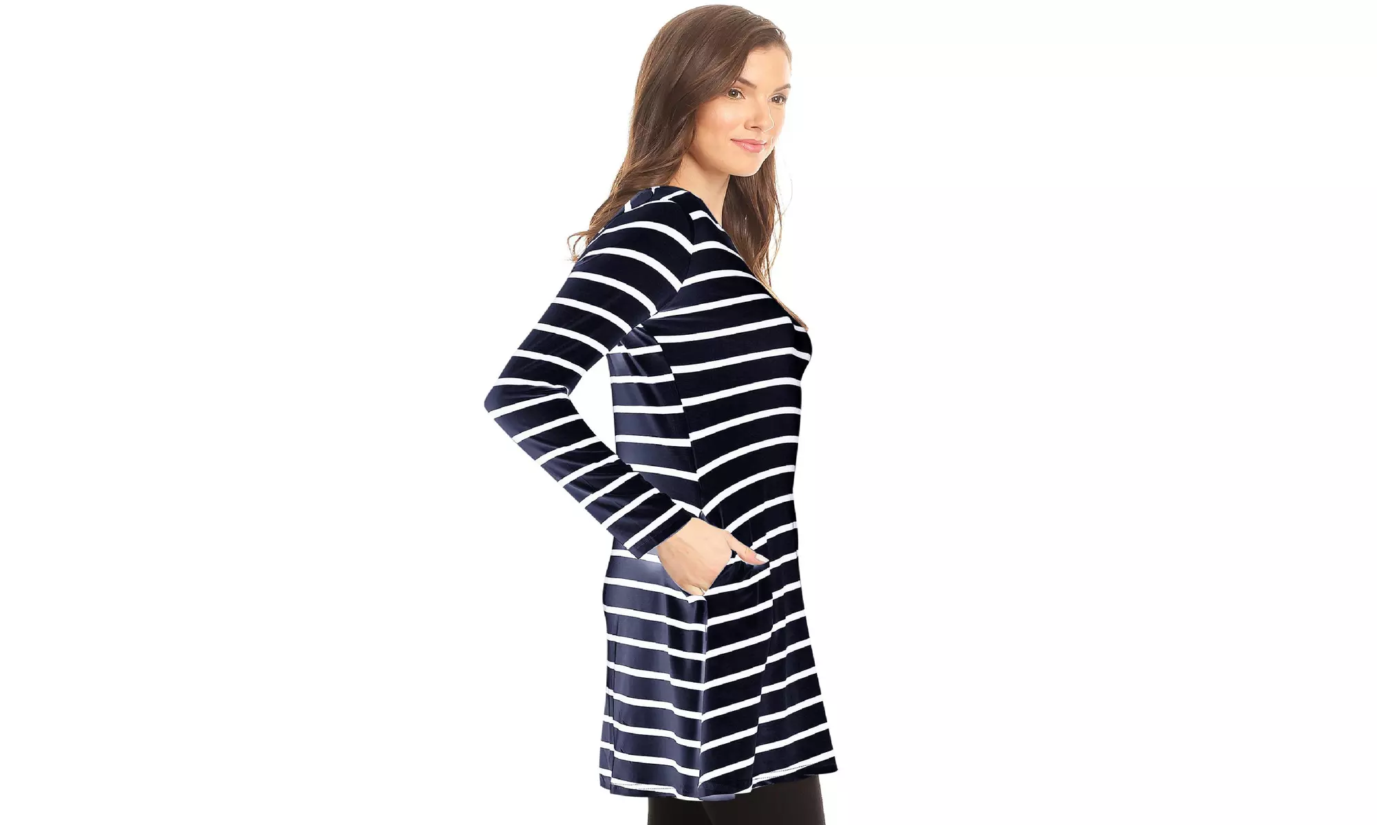 Striped A-Line Pockets Long Sleeves Relaxed Fit Dress Tee Top